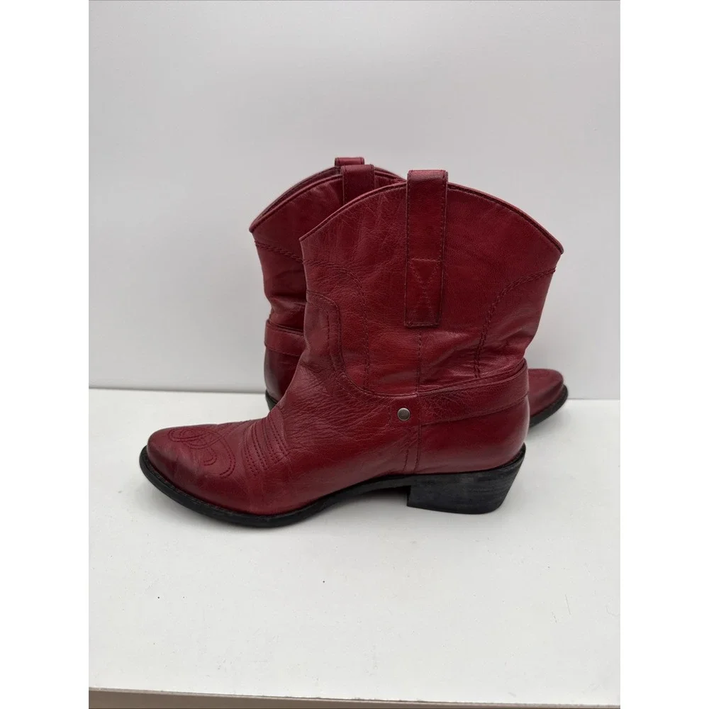 Red Western Cowgirl Ankle Boots Waco w/Buckle Franco Sarto Women Sz 7.5 READ Des